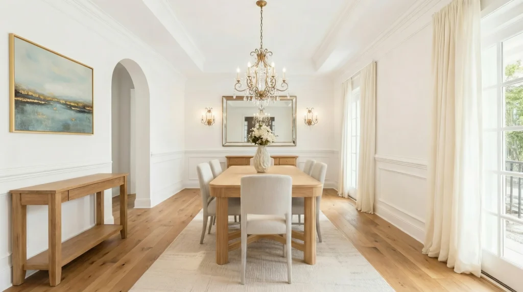 The same dining room visualized with light finishes and neutral furnishings