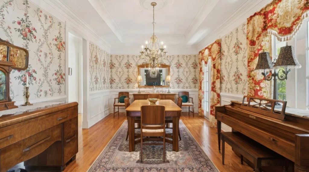 Dining room before visualization, with patterned wallpaper and traditional furnishings