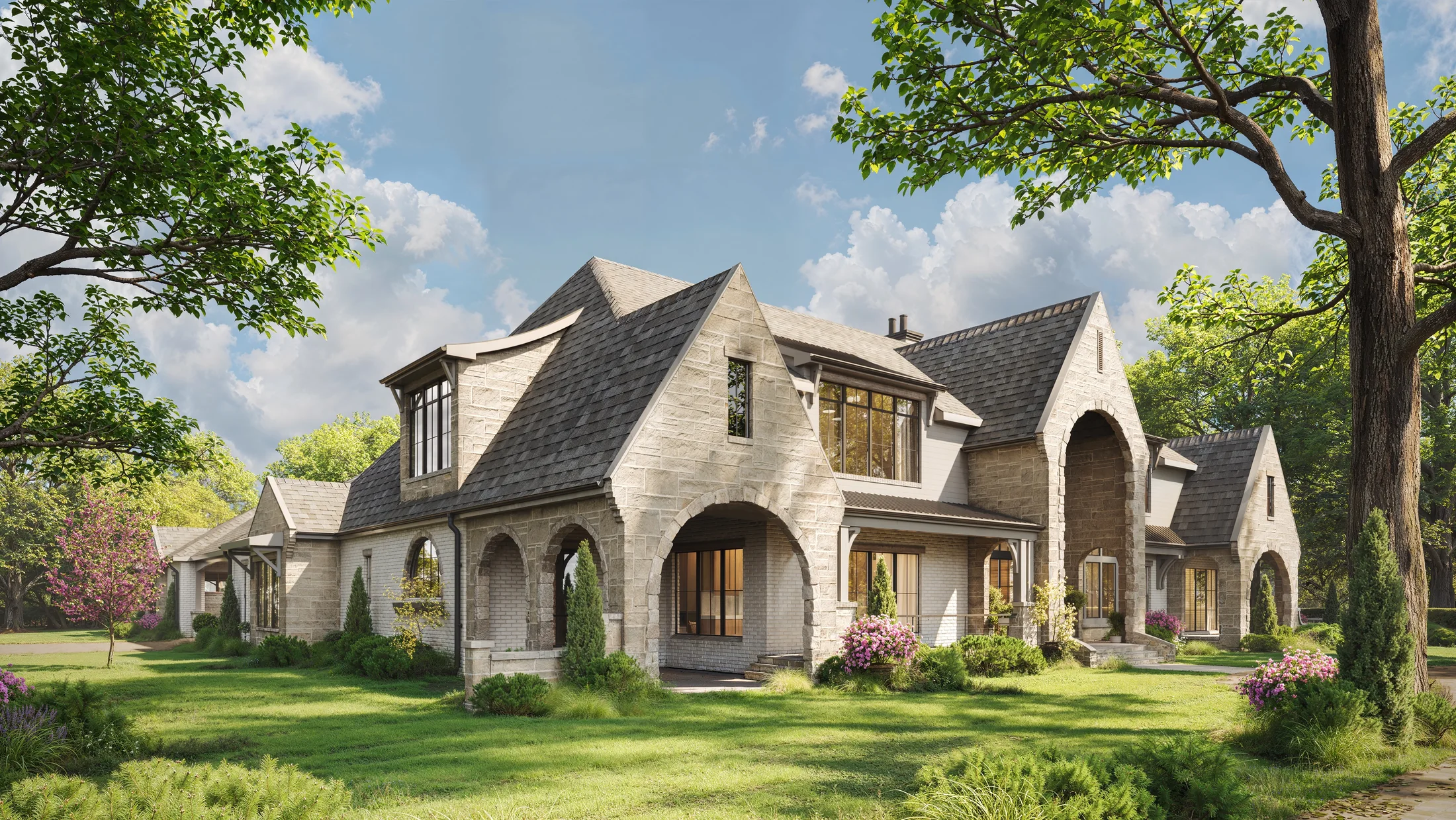 Architectural visualization of a stone family home with an arched entrance and landscaped grounds