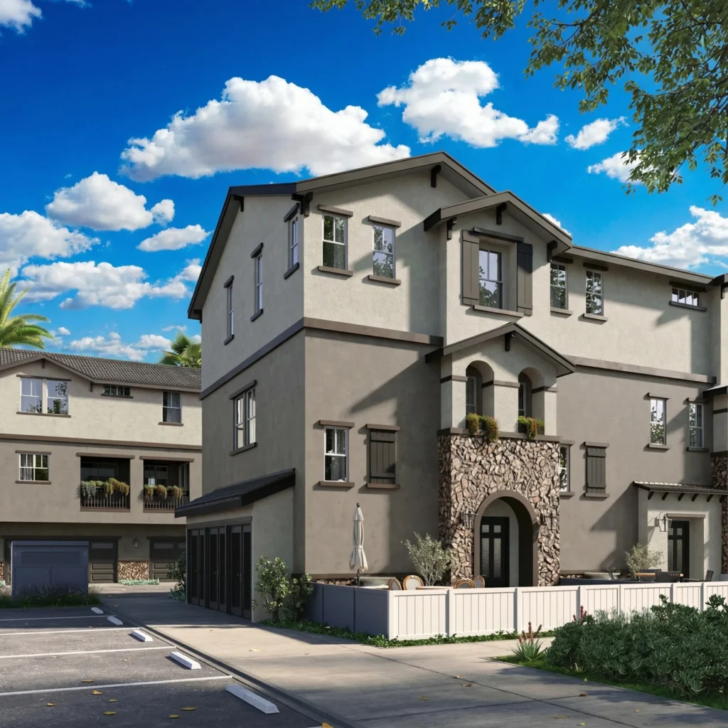 Corner view of the three-story home — Pico Place