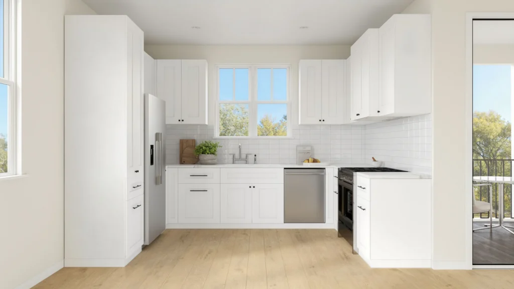White kitchen with a central island — Pico Place