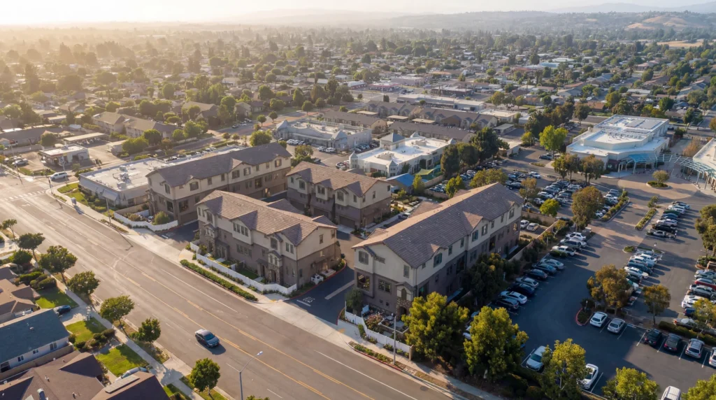 Aerial view of the home and surrounding neighborhood — Pico Place
