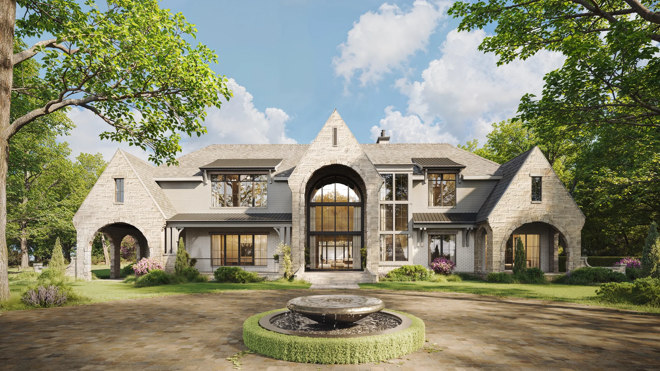 Stone front facade and entrance fountain — Robin Hill Estate