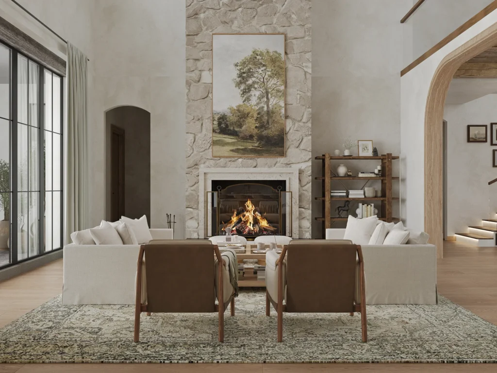 Living room with a stone fireplace — Robin Hill Estate
