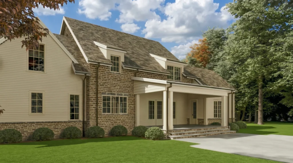 Rear exterior with a covered porch — Stone Hollow