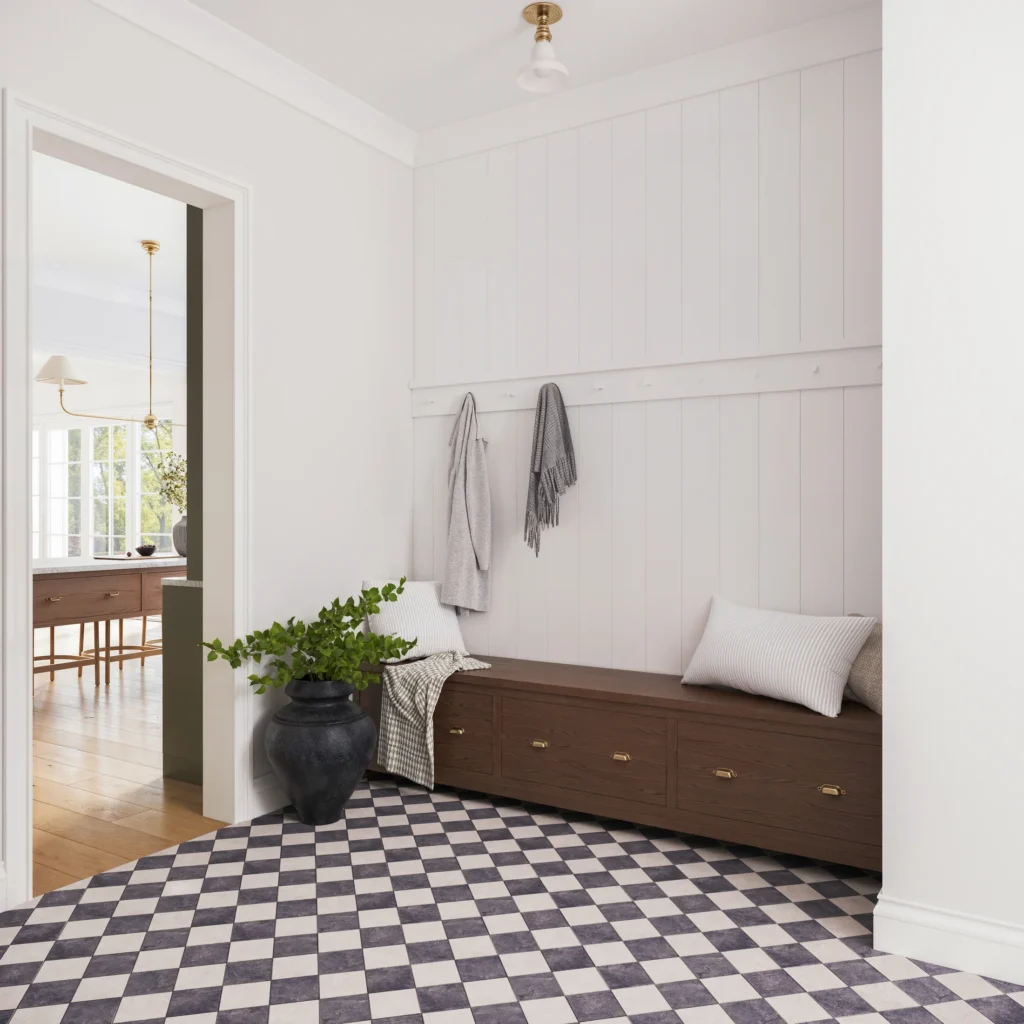 Entry and mudroom with a checkerboard floor — Stone Hollow