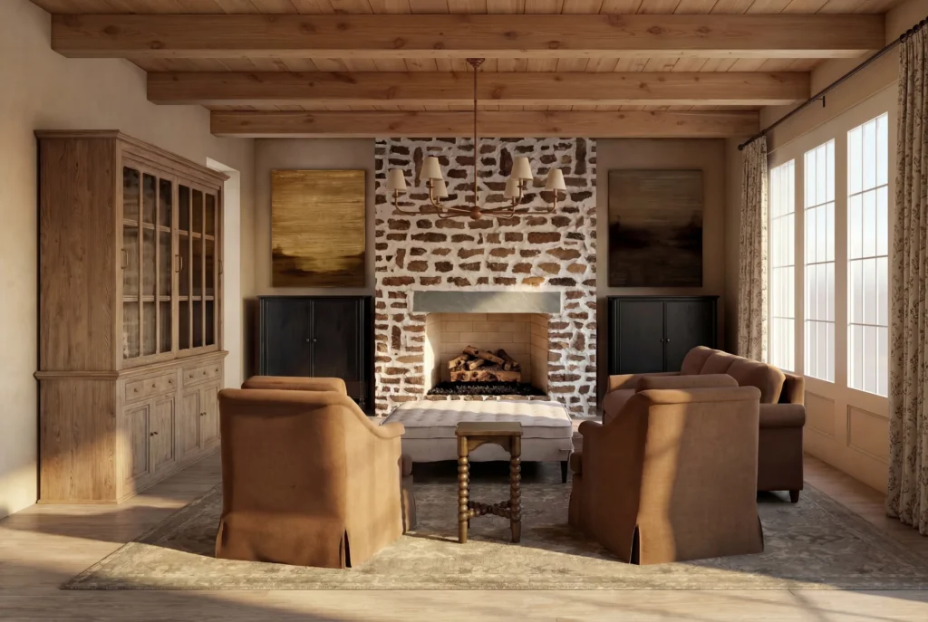 Living room with a brick fireplace — Stone Hollow